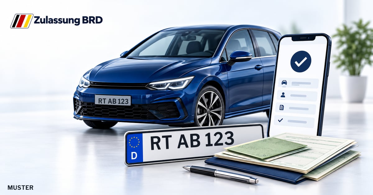 Online Fahrzeugzulassung in Münsingen: Musterkennzeichen RT AB 123, Auto und Fahrzeugpapiere und Smartphone. Illustration mit Logo von Zulassung BRD.